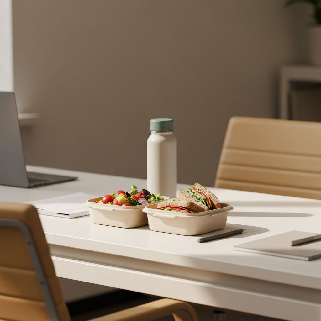 Packed lunch at office workspace